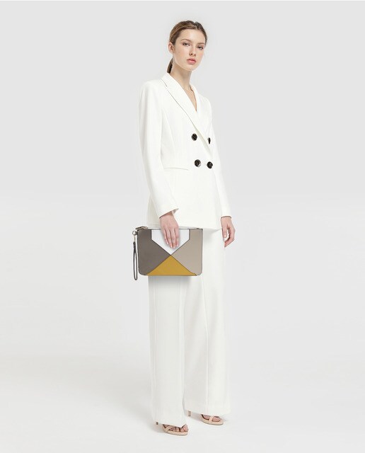 Pouch El Corte Inglés con patchwork tricolor en mostaza, blanco y topo