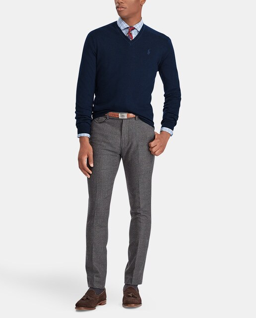 Camisola de malha de lã merino fina de homem Polo Ralph Lauren azul com decote em bico