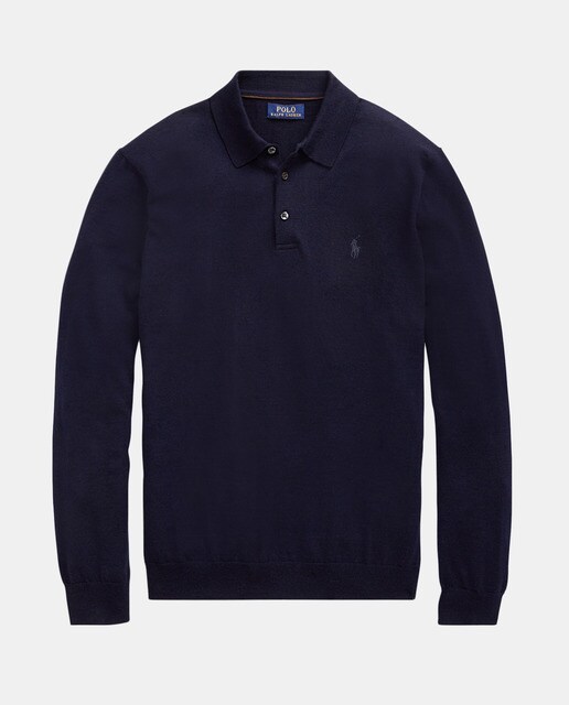 Jersey de lana fina merino de hombre Polo Ralph Lauren azul con el cuello polo