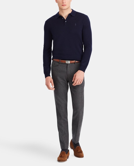 Jersey de lana fina merino de hombre Polo Ralph Lauren azul con el cuello polo