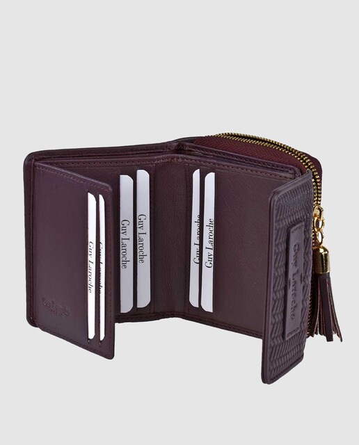 Cartera pequeña de mujer Guy Laroche de piel grabada en burdeos con monedero