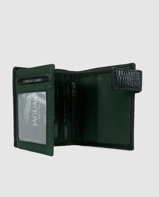 Carteira vertical de homem Jaguar em pele gravada preta com presilha