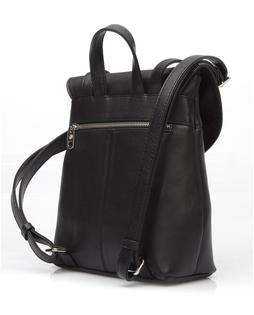 Mochila de mulher Laura Valle preta em pele de cordeiro lisa com gravura da marca