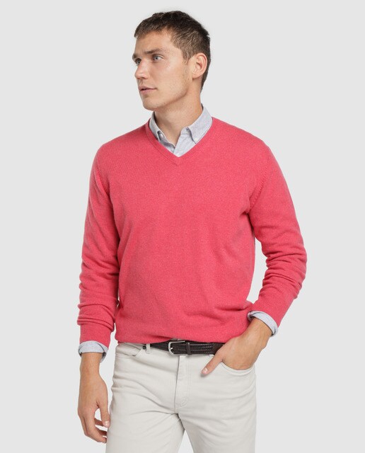 Jersey de lana 100% cashmere Alan Paine rojo con el cuello de pico