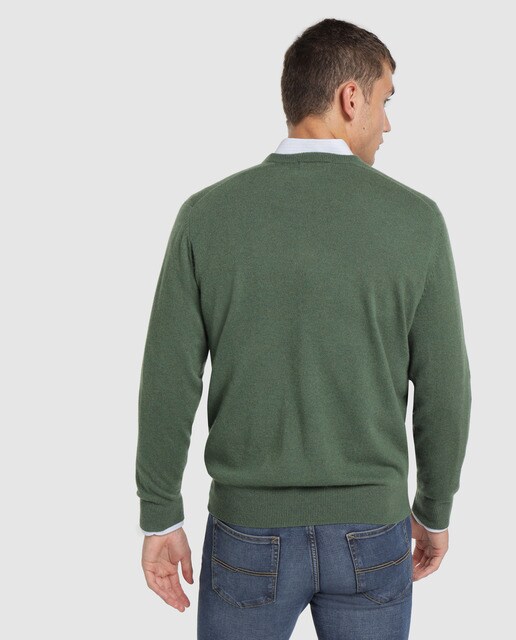 Jersey de lana 100% cashmere de hombre Alan Paine verde con el cuello de pico