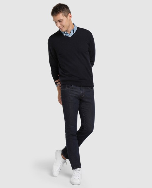 Jersey de lana 100% cashmere Alan Paine azul con el cuello de pico