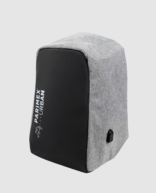 Mochila unissexo cinzenta com porta USB e espaço para portátil