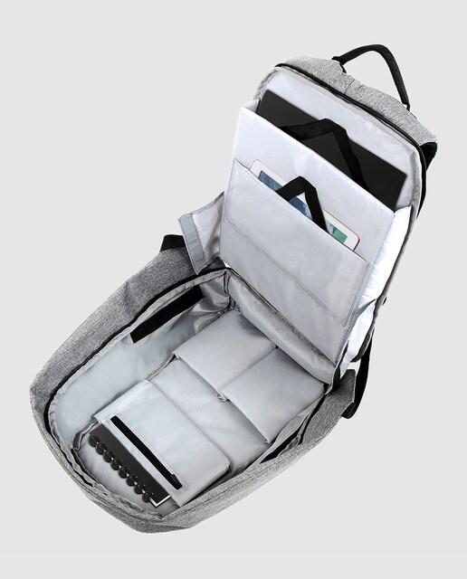 Mochila unissexo cinzenta com porta USB e espaço para portátil