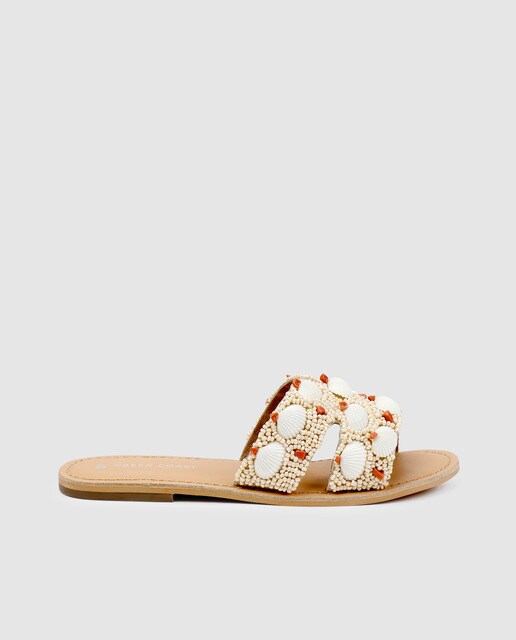Sandalias planas de mujer Green Coast de color rosa con adorno conchas