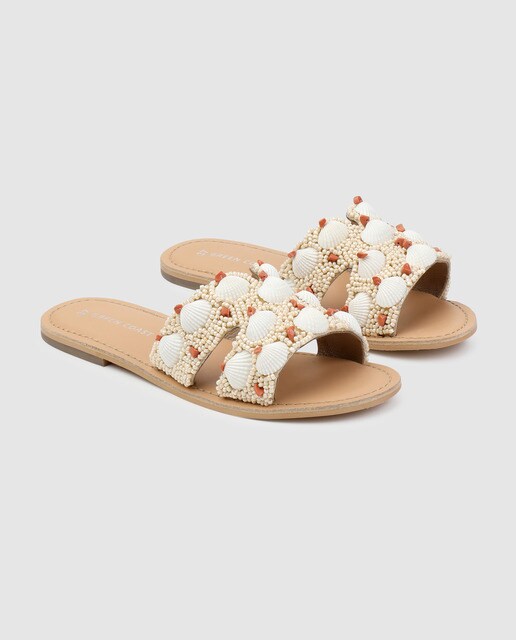 Sandalias planas de mujer Green Coast de color rosa con adorno conchas