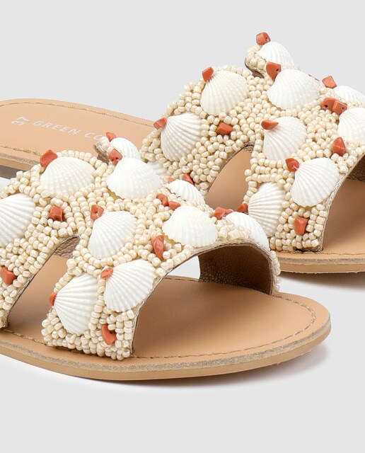 Sandalias planas de mujer Green Coast de color rosa con adorno conchas