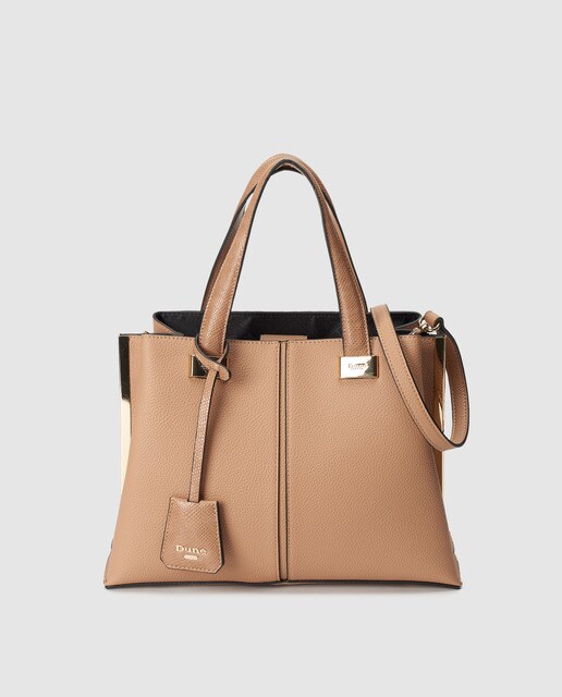 Mala tote média camel com ferragens douradas