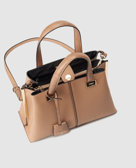 Mala tote média camel com ferragens douradas