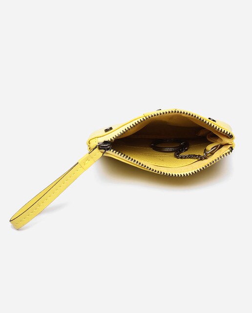 Porta-moedas em pele amarelo com fecho de correr