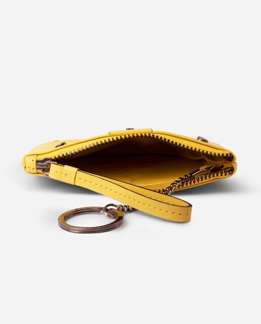 Porta-moedas em pele amarelo com fecho de correr