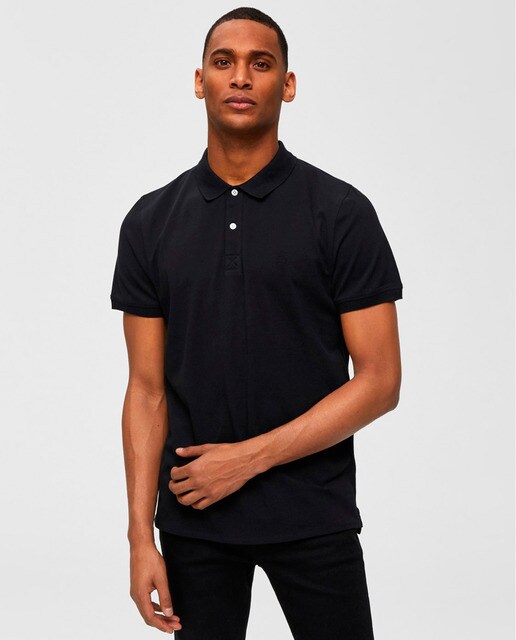 Polo piqué de hombre Selected básico negro de manga corta