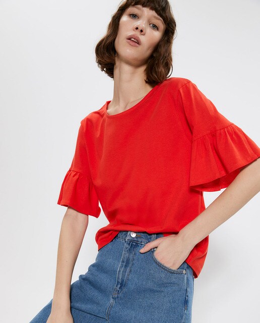Camiseta lisa de mujer con volante