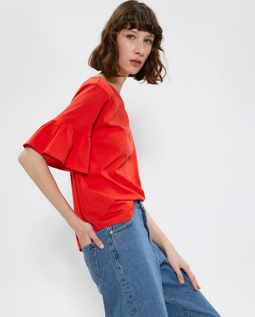 Camiseta lisa de mujer con volante