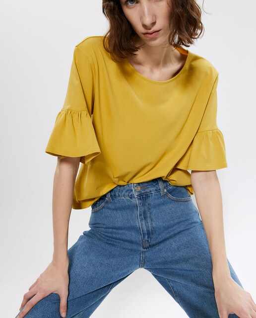 Camiseta lisa de mujer con volante