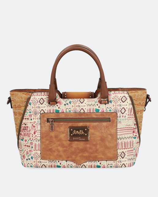 Mala tote Arizona estampada castanha com pendente da marca
