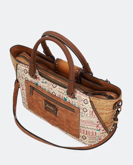 Mala tote Arizona estampada castanha com pendente da marca