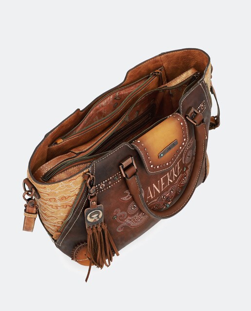 Mala tote Arizona estampada castanha com pendente da marca