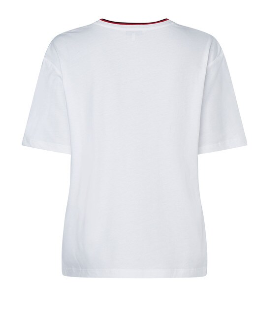 T-shirt de algodão orgânico com decote redondo, manga curta e logótipo multicolor à frente
