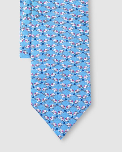 Gravata de seda azul céu com estampado de animais