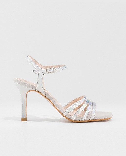 Sandalias de tacón de mujer Lodi de ecopiel de color blanco irisdiciente