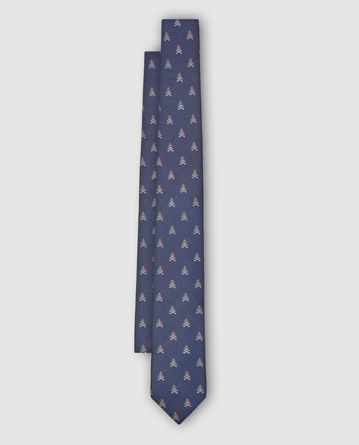 Gravata de seda azul com estampado de caveira