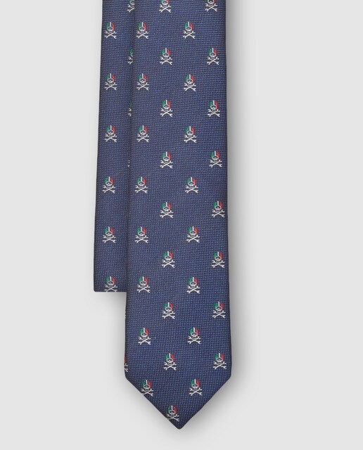 Gravata de seda azul com estampado de caveira