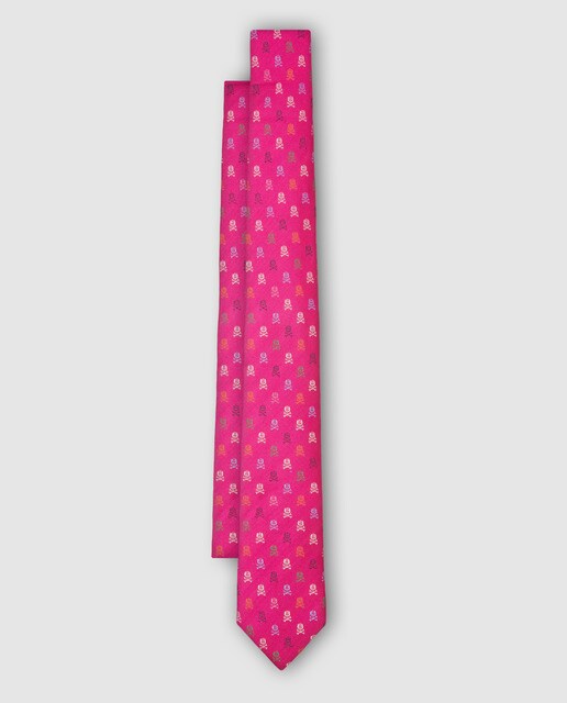Gravata de seda magenta com estampado de caveira