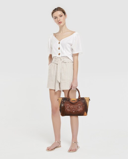 Mala tote Arizona estampada castanha com pendente da marca