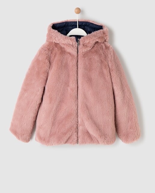 Parka reversível azul e de pêlo rosa