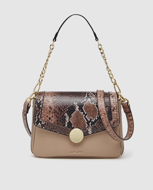 Bandolera pequeña de mujer Gloria Ortiz Grace en topo con grabado animal print