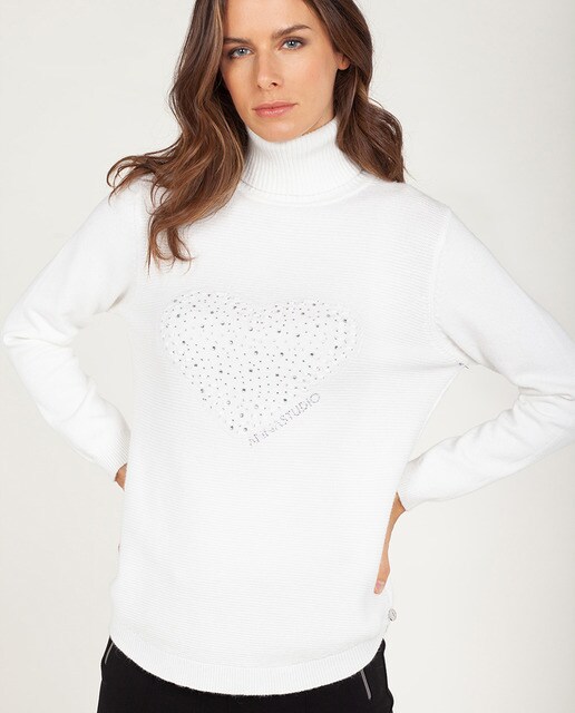 Camisola de malha com gola alta e apliques à frente