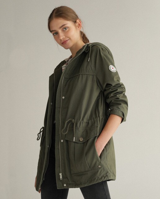 Parka de mulher com capuz e cordão na cintura