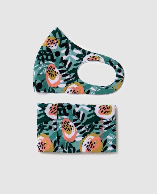 Mascarilla higiénica de tela Jo & Mr. Joe reutilizable en verde con print floral multicolor