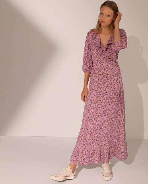 Vestido cruzado com folho