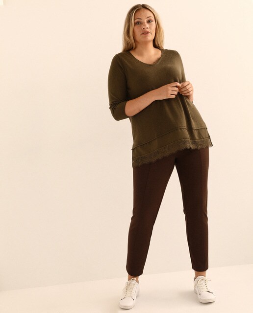Camisola de malha de mulher tamanhos grandes com aba de renda