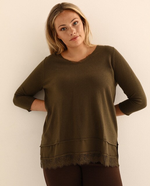 Camisola de malha de mulher tamanhos grandes com aba de renda