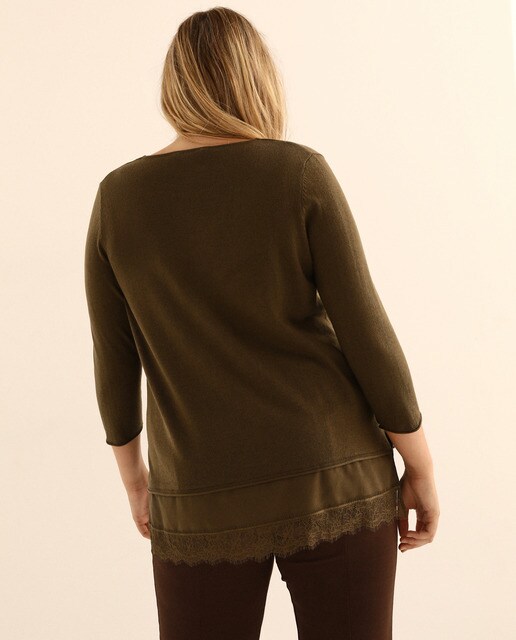 Camisola de malha de mulher tamanhos grandes com aba de renda