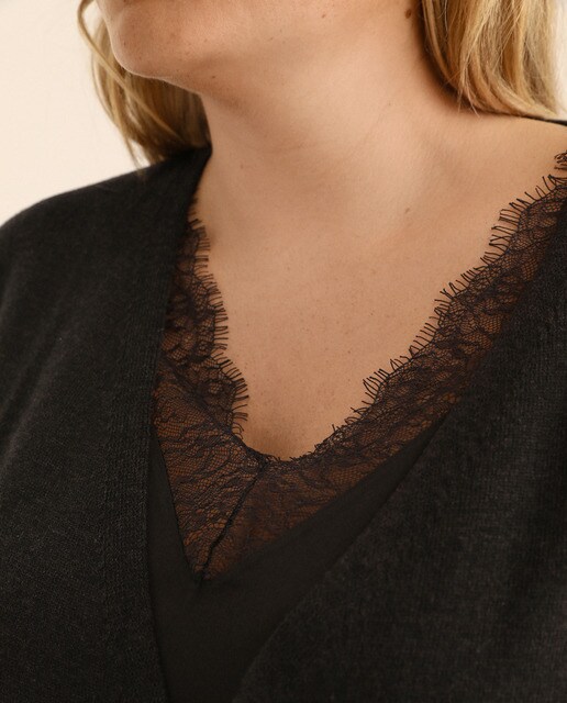 Camisola de malha cruzada tamanhos grandes com renda