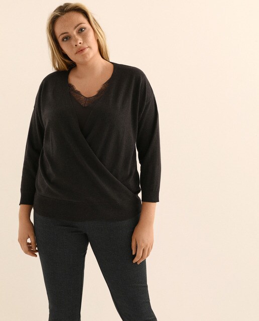 Camisola de malha cruzada tamanhos grandes com renda
