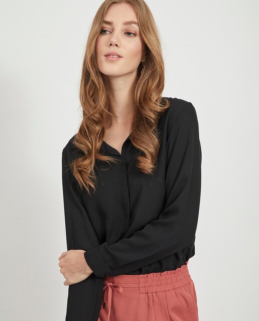 Top de manga comprida de mulher com decote em bico