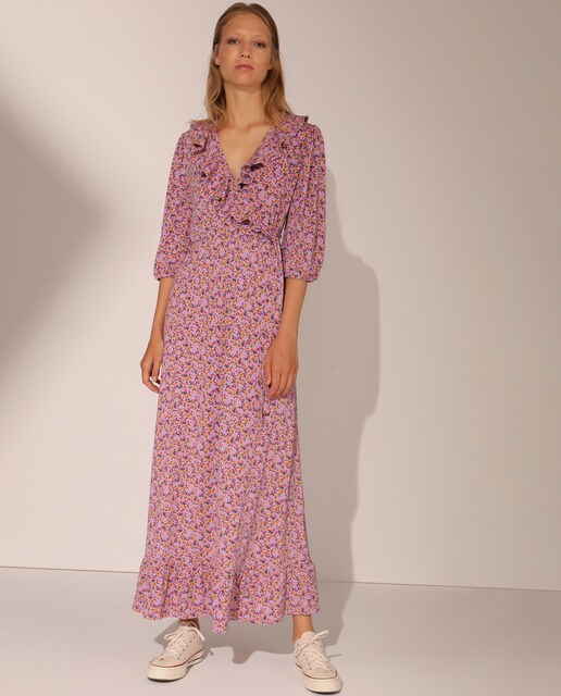 Vestido cruzado com folho