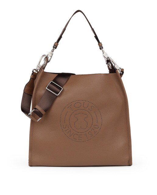 Mala hobo grande Leissa em pele de bovino castanha com logótipo perfurado