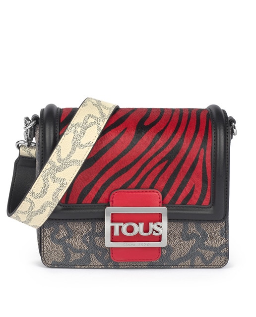 Mala a tiracolo mini Kaos Icon bicolor preta e vermelha com aba de animal print