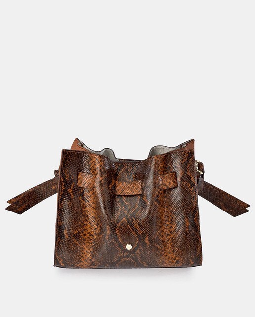 Bandolera pequeña de mujer Gloria Ortiz Odette de piel con print grabado de serpiente en tonos marrones