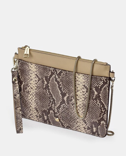 Pouch Gloria Ortiz Odette de piel con print grabado de serpiente en tonos naturales